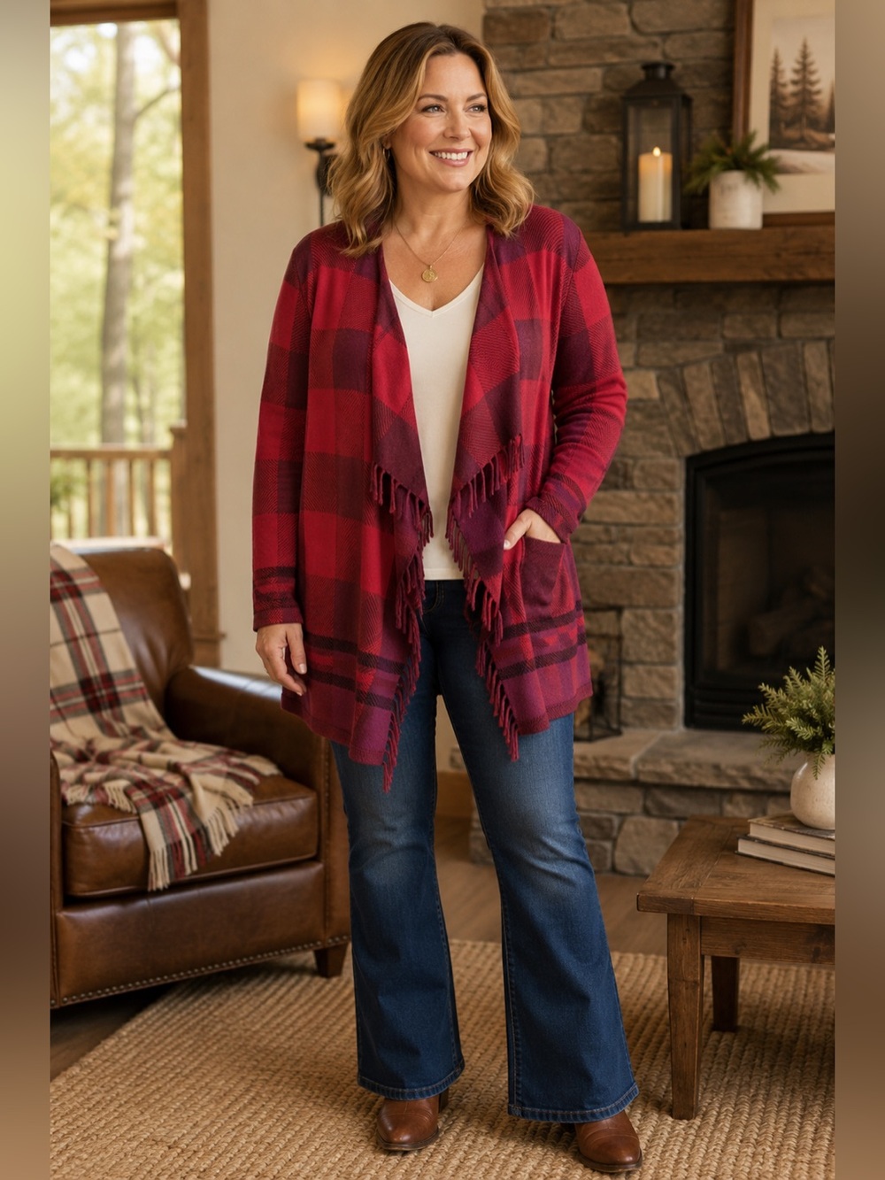Isaac Mizrahi Live! Buffalo Plaid Fringe Cardigan Cozy Cabincore Size XL